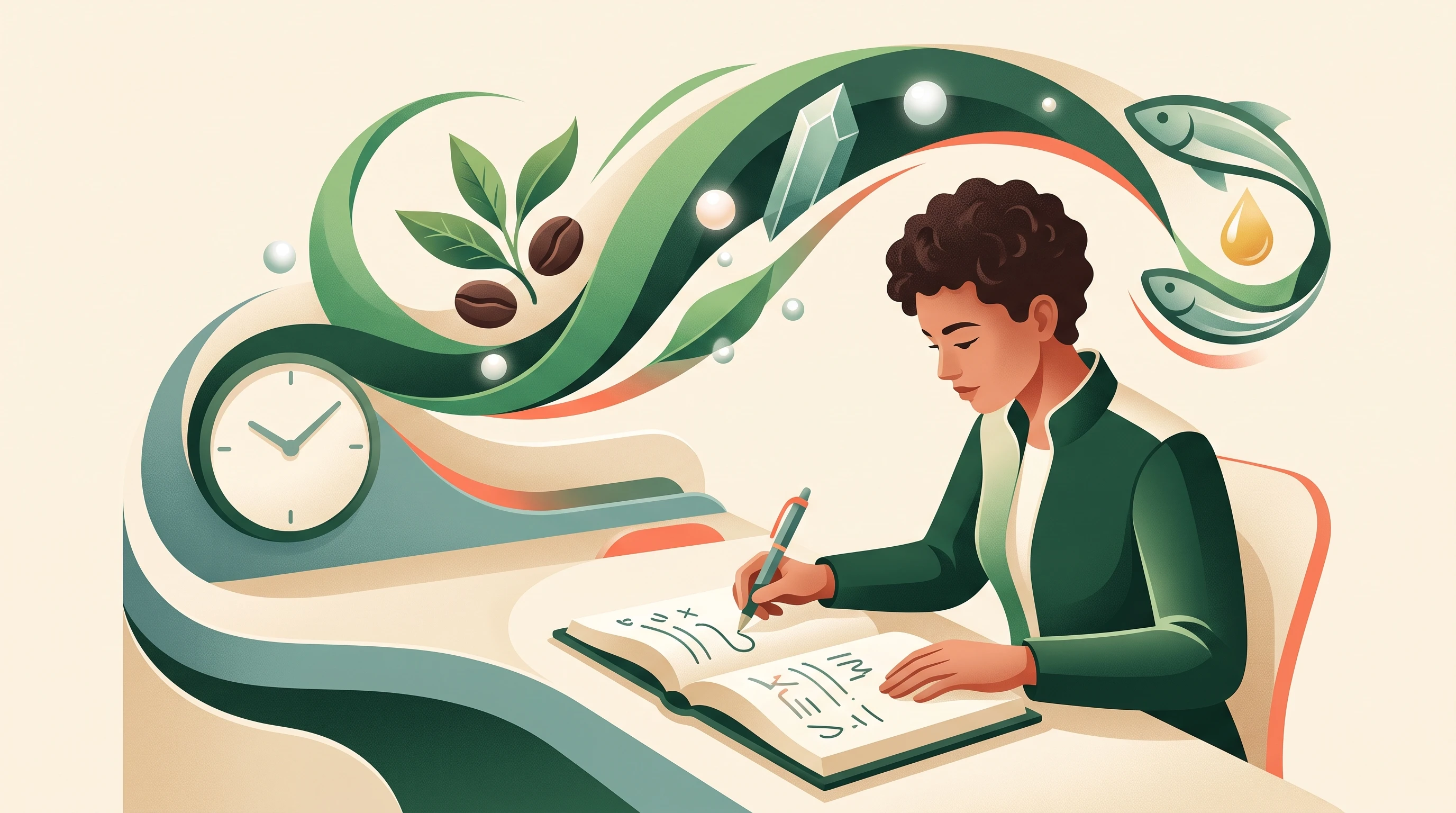 Editorial illustration of a reader evaluating supplement evidence for focus